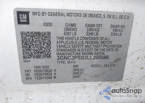 2020 Chevrolet Trax Awd Lt из США, поврежденный, VIN 3GNCJPSB2LL266586